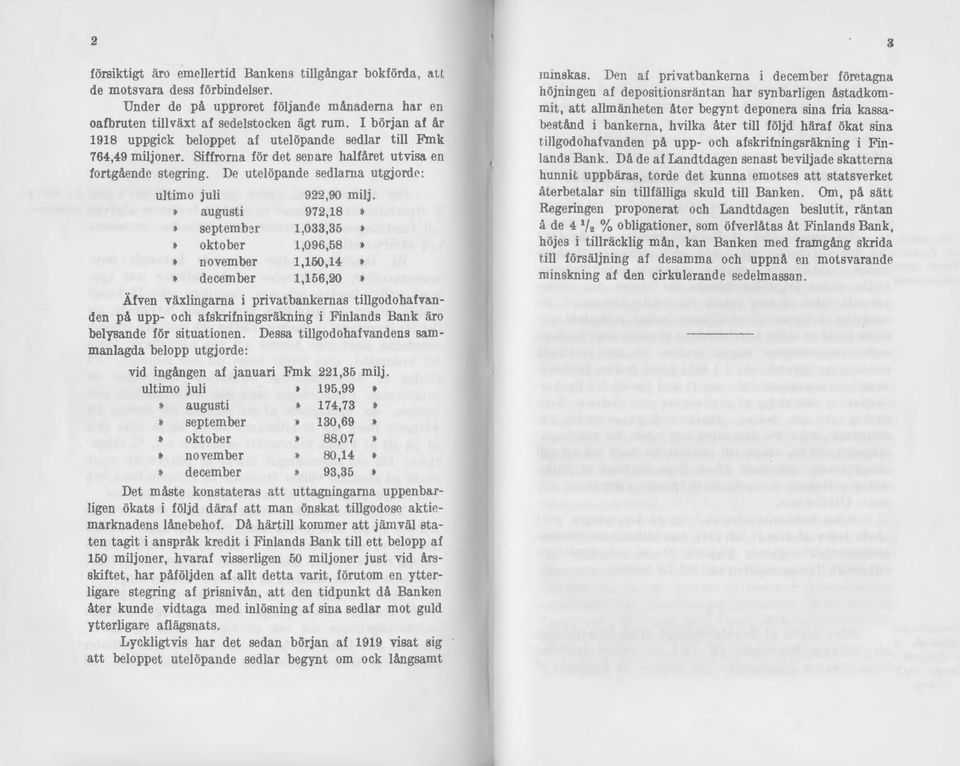 De utelöpande sedlarna utgjord~: ultimo juli 922,90 milj. augusti 972,18 september 1,033,35 oktober 1,096.58 november 1,150,14 december 1,156,20 Äfven växlingarna i privatbankernas tillgodohafva.