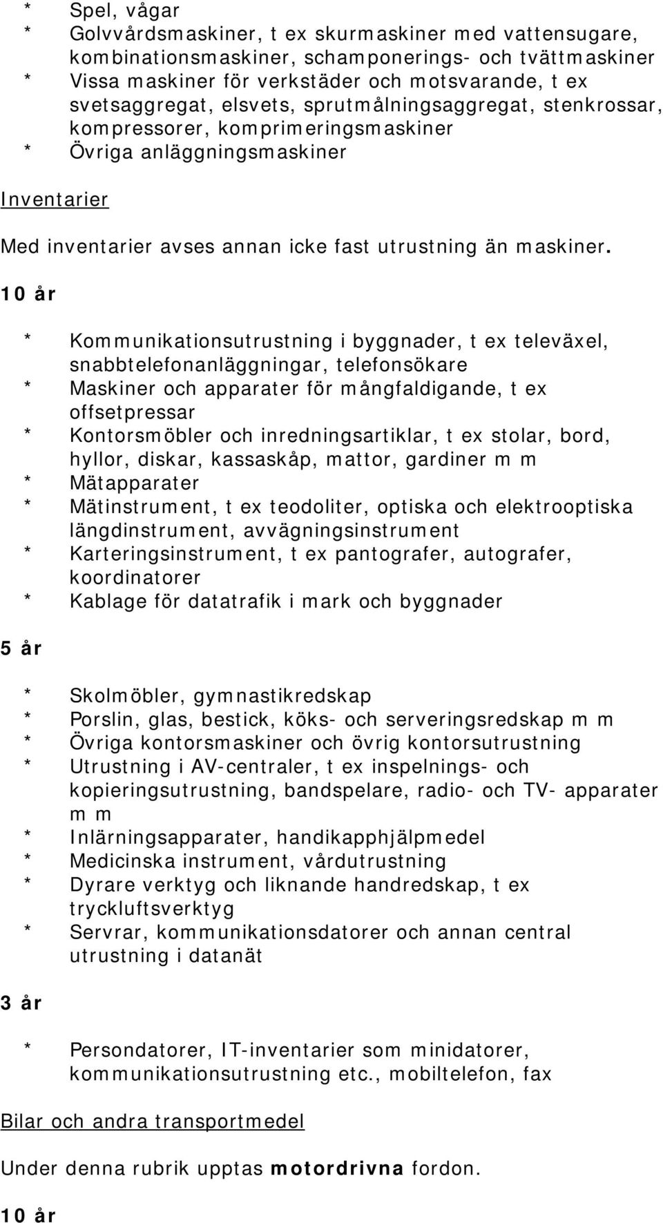 10 år * Kommunikationsutrustning i byggnader, t ex televäxel, snabbtelefonanläggningar, telefonsökare * Maskiner och apparater för mångfaldigande, t ex offsetpressar * Kontorsmöbler och