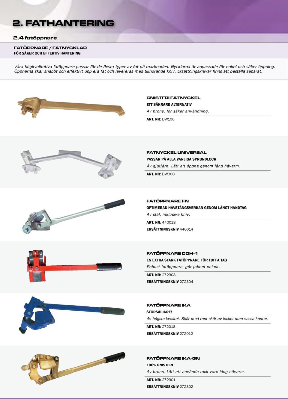 GNISTFRI FATNYCKEL ETT SÄKRARE ALTERNATIV Av brons, för säker användning. ART. NR: DW100 FATNYCKEL UNIVERSAL PASSAR PÅ ALLA VANLIGA SPRUNDLOCK Av gjutjärn. Lätt att öppna genom lång hävarm. ART. NR: DW300 FATÖPPNARE FN OPTIMERAD HÄVSTÅNGSVERKAN GENOM LÅNGT HANDTAG Av stål, inklusive kniv.