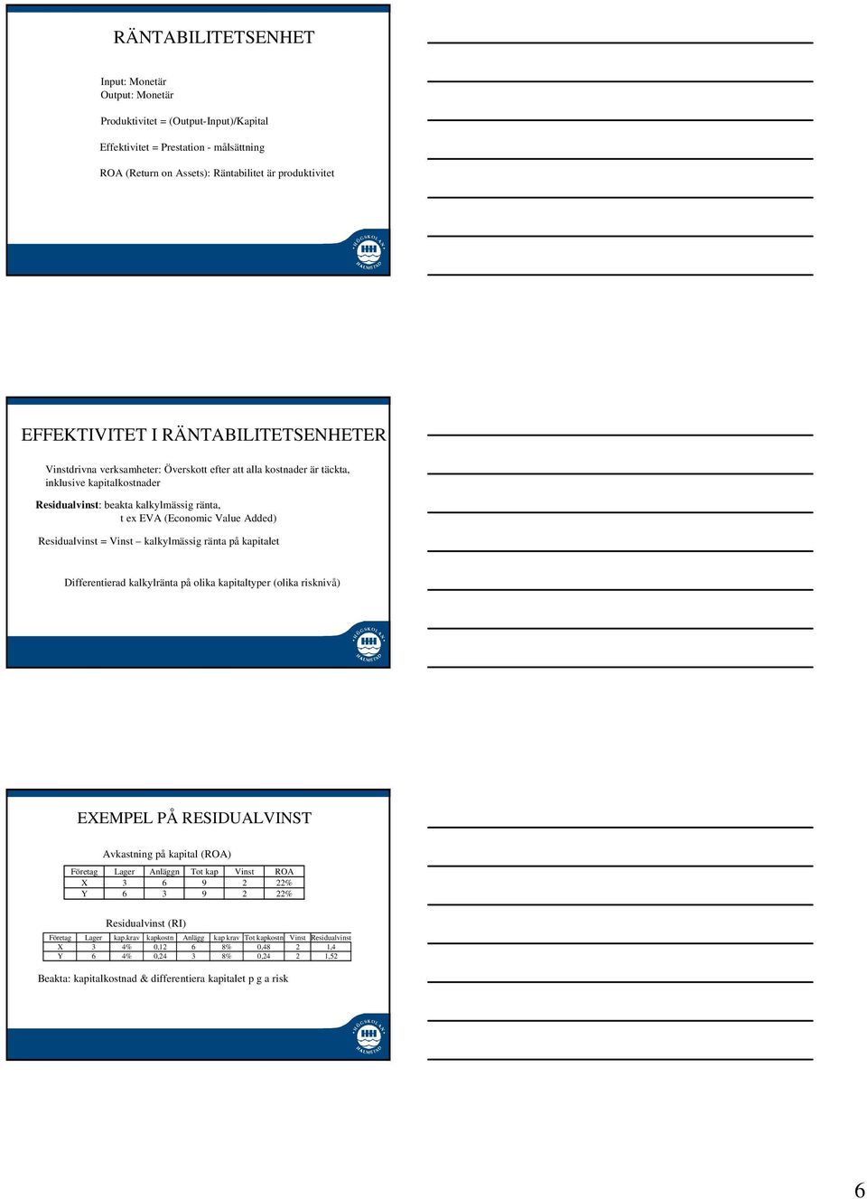 Residualvinst = Vinst kalkylmässig ränta på kapitalet Differentierad kalkylränta på olika kapitaltyper (olika risknivå) EXEMPEL PÅ RESIDUALVINST Avkastning på kapital (ROA) Företag Lager Anläggn Tot
