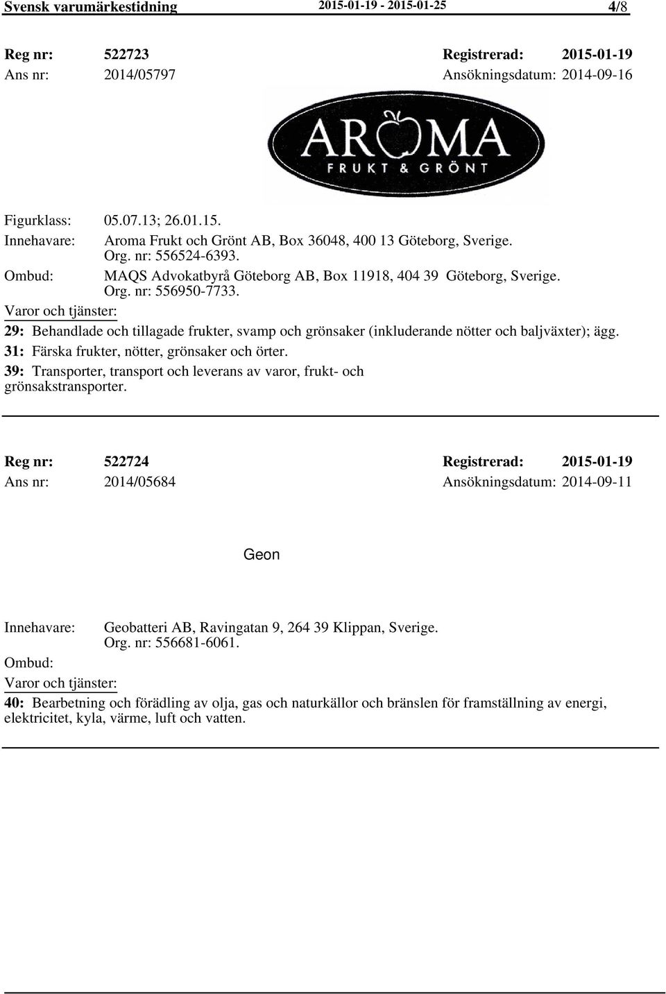 29: Behandlade och tillagade frukter, svamp och grönsaker (inkluderande nötter och baljväxter); ägg. 31: Färska frukter, nötter, grönsaker och örter.