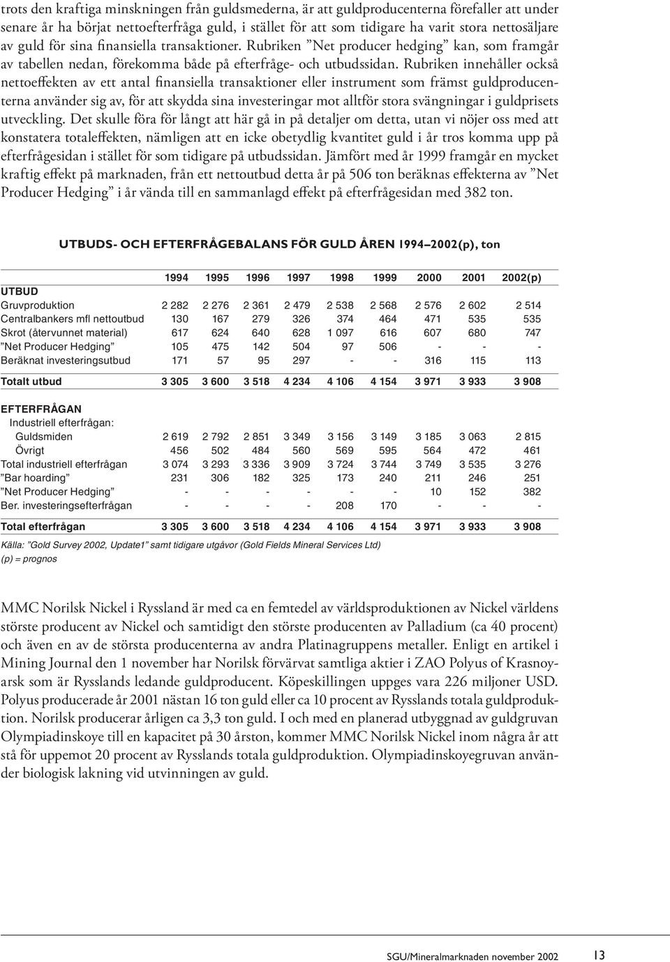 Rubriken innehåller också nettoeffekten av ett antal finansiella transaktioner eller instrument som främst guldproducenterna använder sig av, för att skydda sina investeringar mot alltför stora