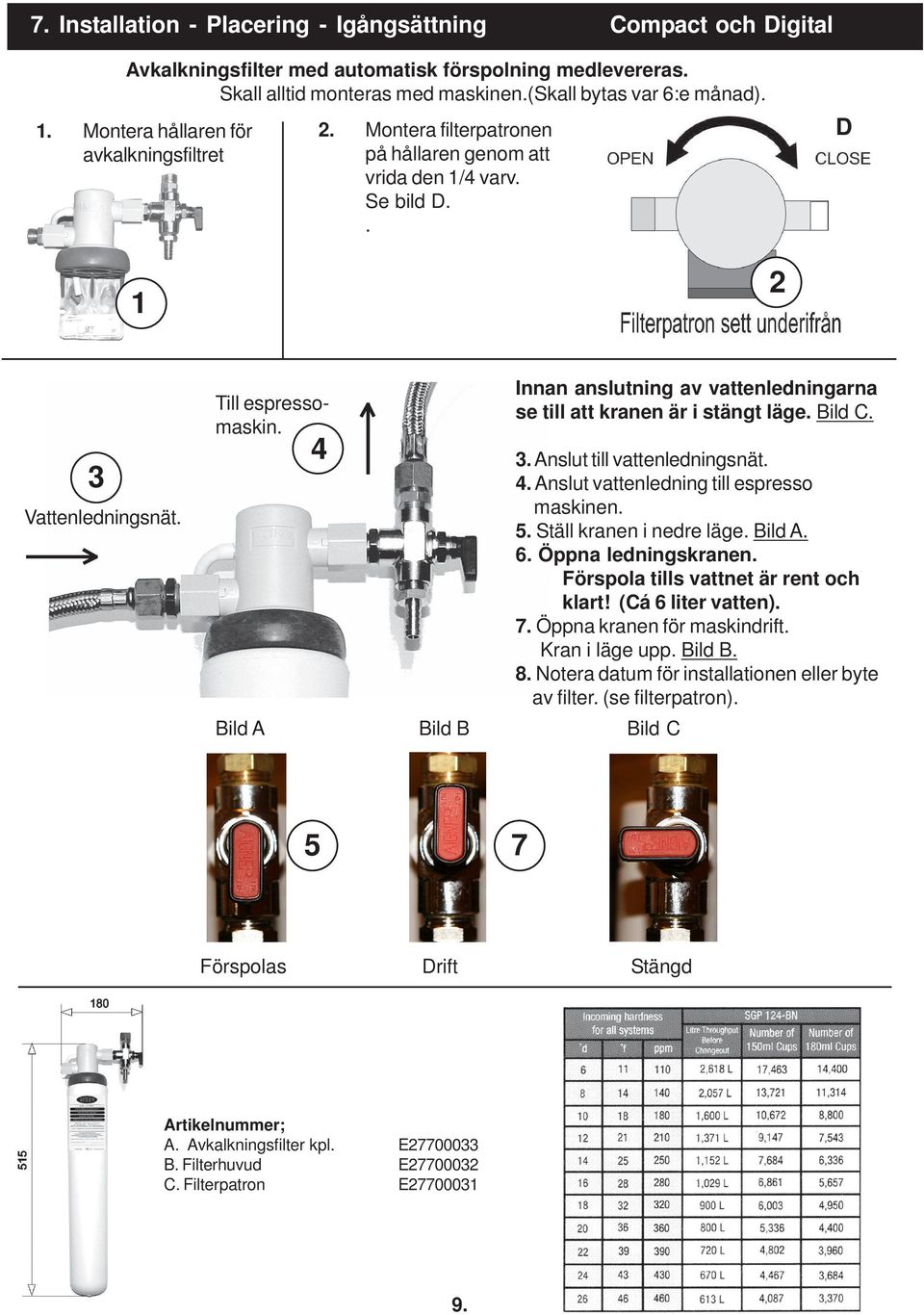 4 Bild A Bild B Bild C Innan anslutning av vattenledningarna se till att kranen är i stängt läge. Bild C. 3. Anslut till vattenledningsnät. 4. Anslut vattenledning till espresso maskinen. 5.