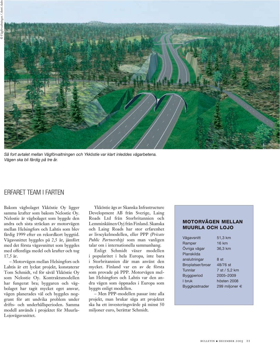 Nelostie är vägbolaget som byggde den andra och sista sträckan av motorvägen mellan Helsingfors och Lahtis som blev färdig 1999 efter en rekordkort byggtid.