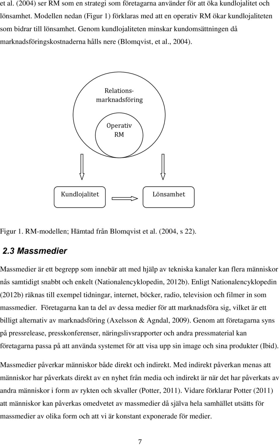 Genom kundlojaliteten minskar kundomsättningen då marknadsföringskostnaderna hålls nere (Blomqvist, et al., 2004). Relationsmarknadsföring Operativ RM Kundlojalitet Lönsamhet Figur 1.