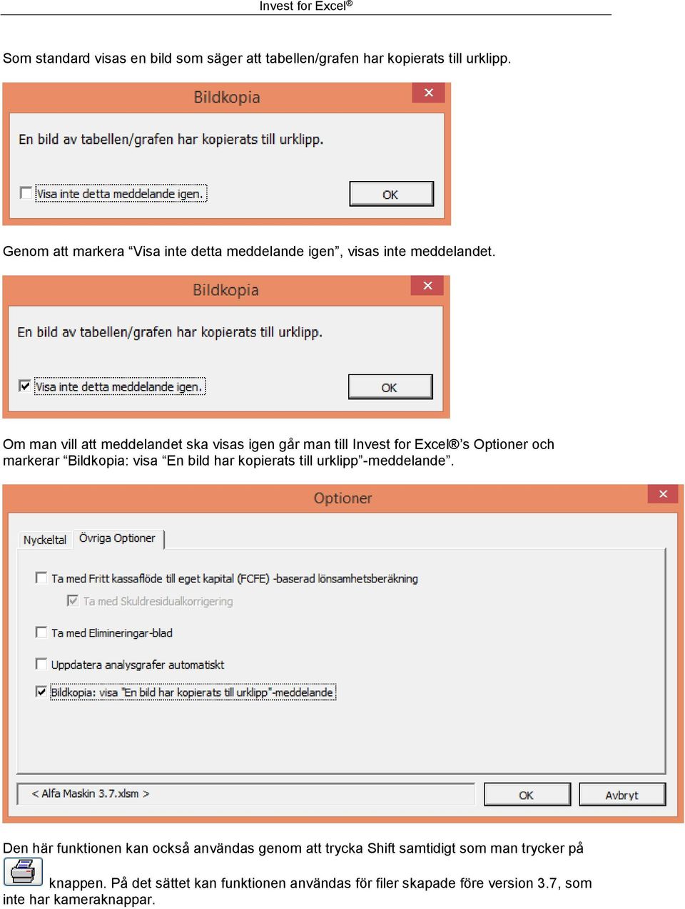 Om man vill att meddelandet ska visas igen går man till Invest for Excel s Optioner och markerar Bildkopia: visa En bild har