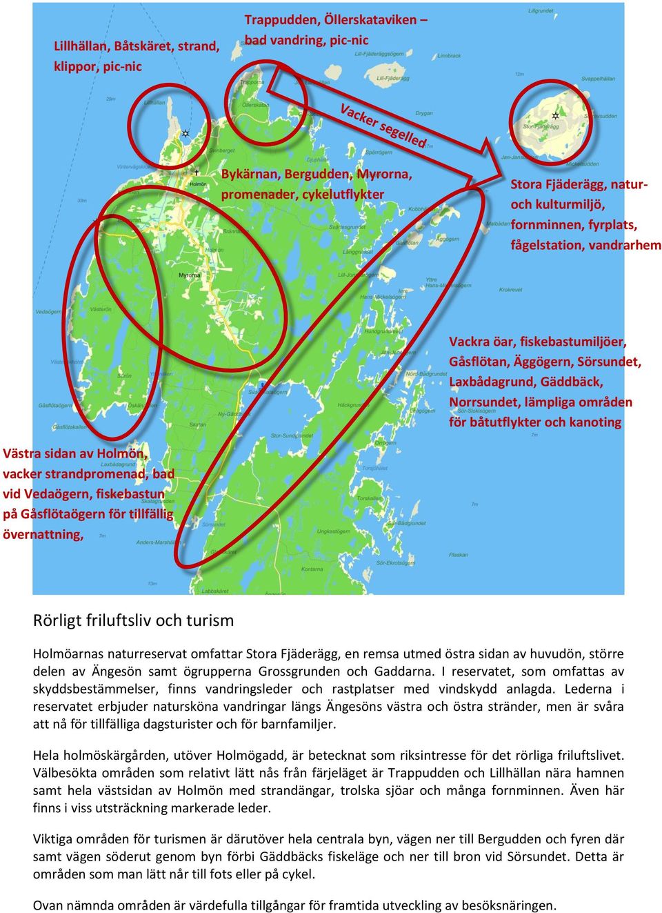 sidan av Holmön, vacker strandpromenad, bad vid Vedaögern, fiskebastun på Gåsflötaögern för tillfällig övernattning, Rörligt friluftsliv och turism Holmöarnas naturreservat omfattar Stora Fjäderägg,