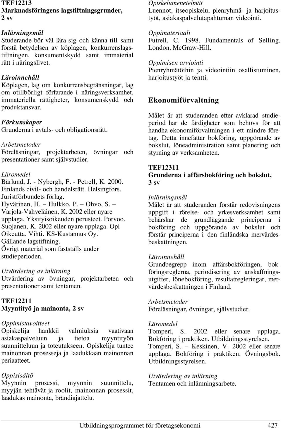 Grunderna i avtals- och obligationsrätt. Föreläsningar, projektarbeten, övningar och presentationer samt självstudier. Bärlund, J. - Nybergh, F. - Petrell, K. 2000. Finlands civil- och handelsrätt.