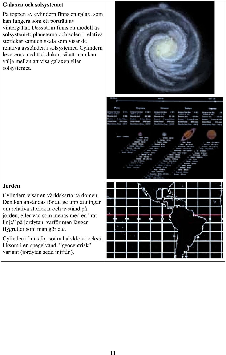 Cylindern levereras med täckdukar, så att man kan välja mellan att visa galaxen eller solsystemet. Jorden Cylindern visar en världskarta på domen.