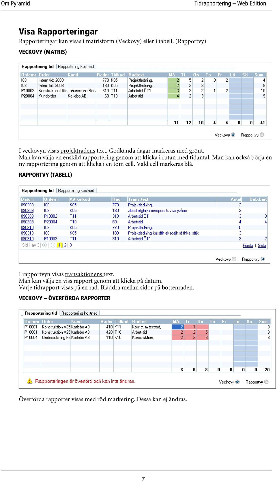 Man kan också börja en ny rapportering genom att klicka i en tom cell. Vald cell markeras blå. RAPPORTVY (TABELL) I rapportvyn visas transaktionens text.