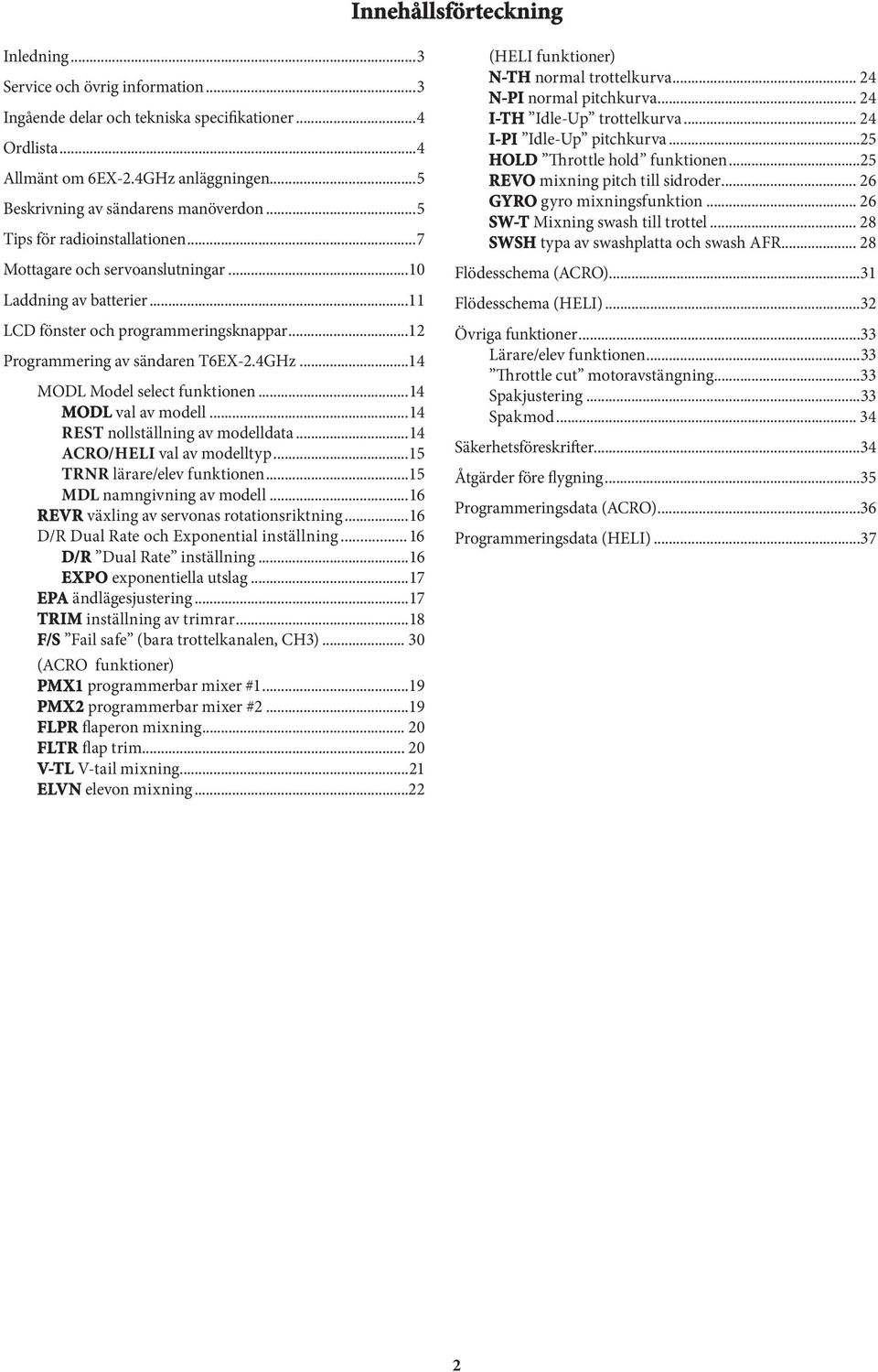 ..12 Programmering av sändaren T6EX-2.4GHz...14 MODL Model select funktionen...14 MODL val av modell...14 REST nollställning av modelldata...14 ACRO/HELI val av modelltyp.