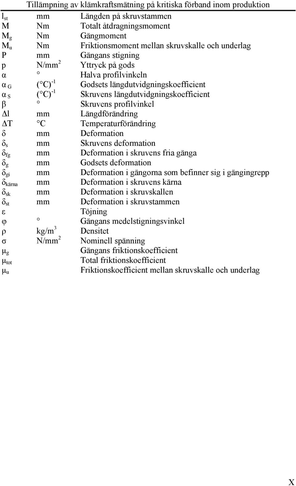 s mm Skruvens deformation δ fg mm Deformation i skruvens fria gänga δ g mm Godsets deformation δ gi mm Deformation i gängorna som befinner sig i gängingrepp δ kärna mm Deformation i skruvens kärna δ