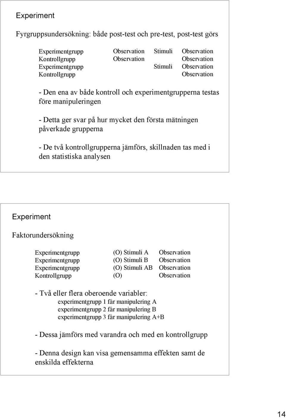 kontrollgrupperna jämförs, skillnaden tas med i den statistiska analysen Experiment Faktorundersökning Experimentgrupp Experimentgrupp Experimentgrupp Kontrollgrupp (O) Stimuli A (O) Stimuli B (O)