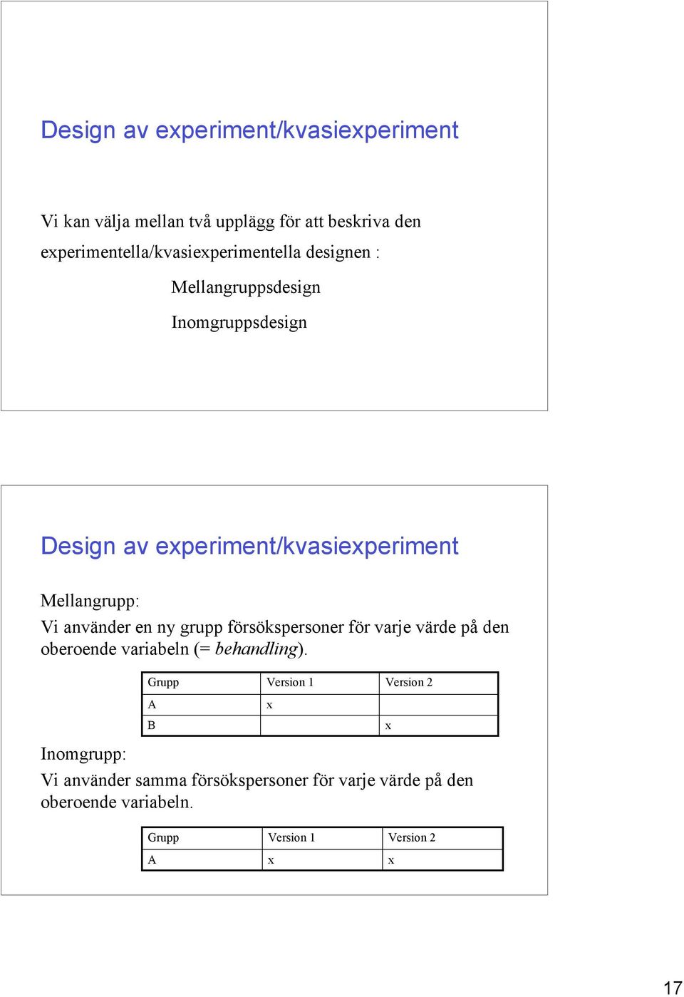 Mellangrupp: Vi använder en ny grupp försökspersoner för varje värde på den oberoende variabeln (= behandling).