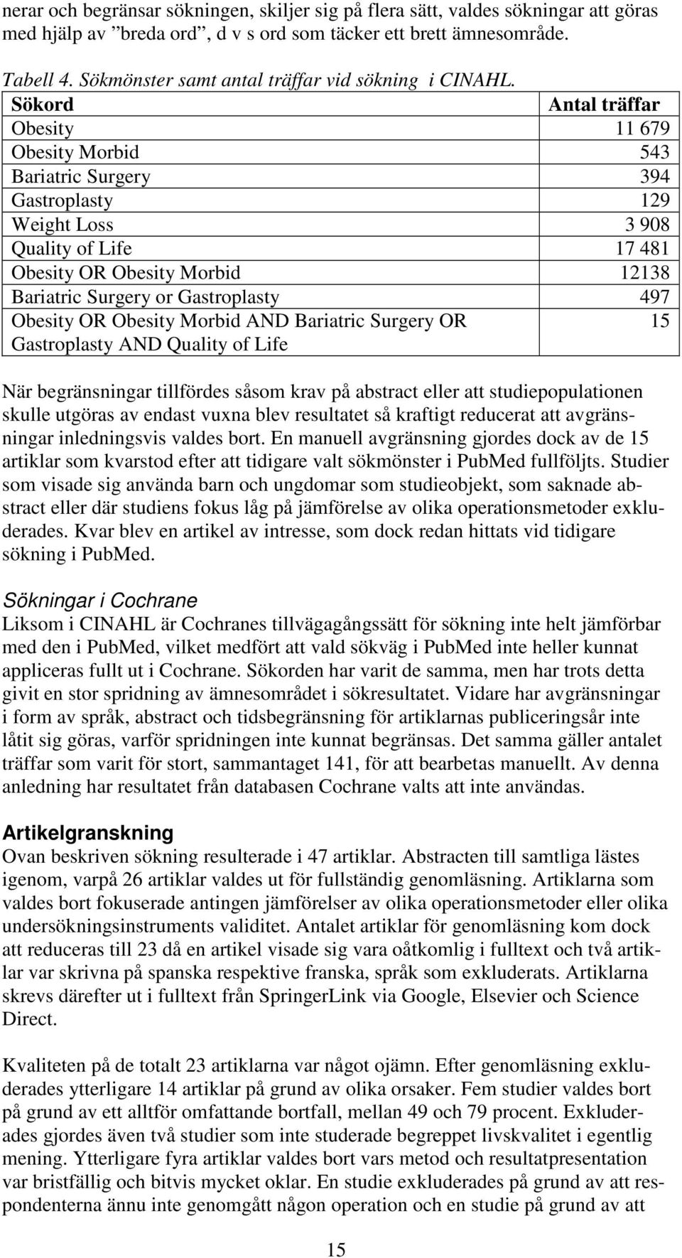 Sökord Antal träffar Obesity 11 679 Obesity Morbid 543 Bariatric Surgery 394 Gastroplasty 129 Weight Loss 3 908 Quality of Life 17 481 Obesity OR Obesity Morbid 12138 Bariatric Surgery or