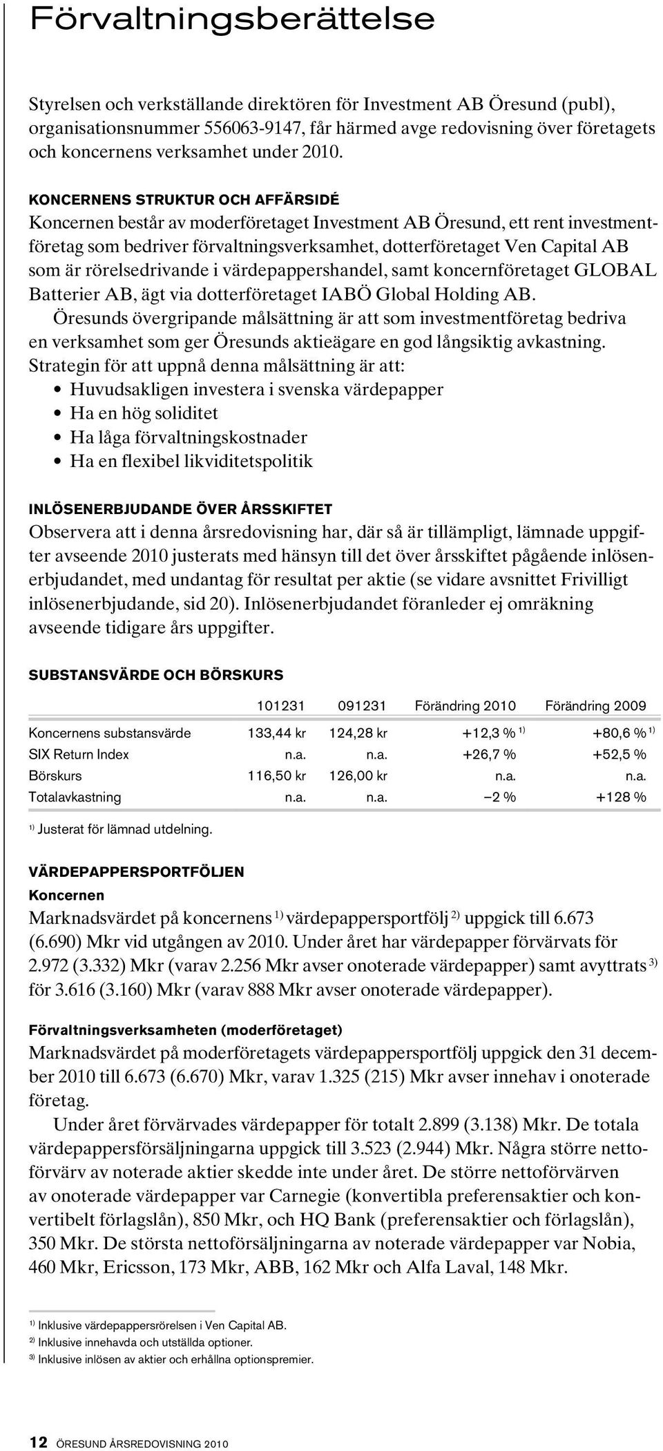 KONCERNENS STRUKTUR OCH AFFÄRSIDÉ Koncernen består av moderföretaget Investment AB Öresund, ett rent invest mentföretag som bedriver förvaltningsverksamhet, dotterföretaget Ven Capital AB som är