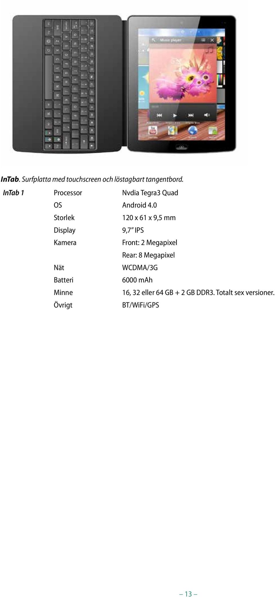 0 Storlek 120 x 61 x 9,5 mm Display 9,7 IPS Kamera Front: 2 Megapixel Rear: 8