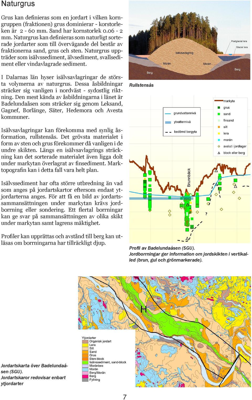 Naturgrus uppträder som isälvssediment, älvsediment, svallsediment eller vindavlagrade sediment. I Dalarnas län hyser isälvsavlagringar de största volymerna av naturgrus.