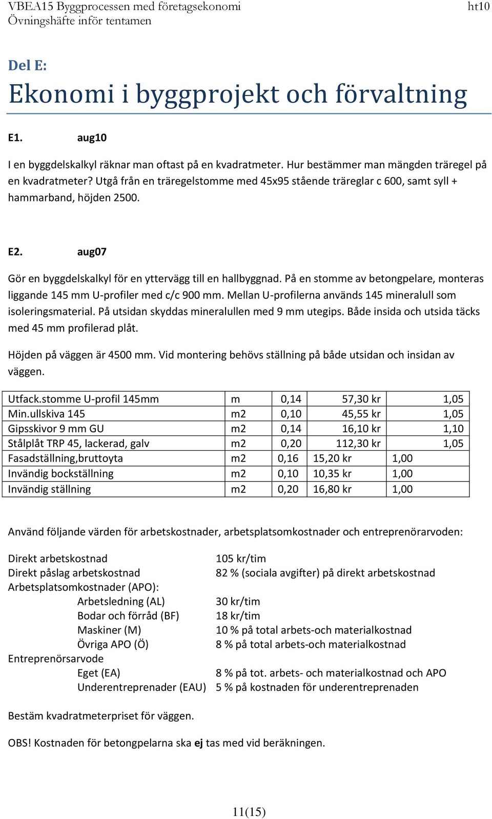 På en stomme av betongpelare, monteras liggande 145 mm U-profiler med c/c 900 mm. Mellan U-profilerna används 145 mineralull som isoleringsmaterial. På utsidan skyddas mineralullen med 9 mm utegips.