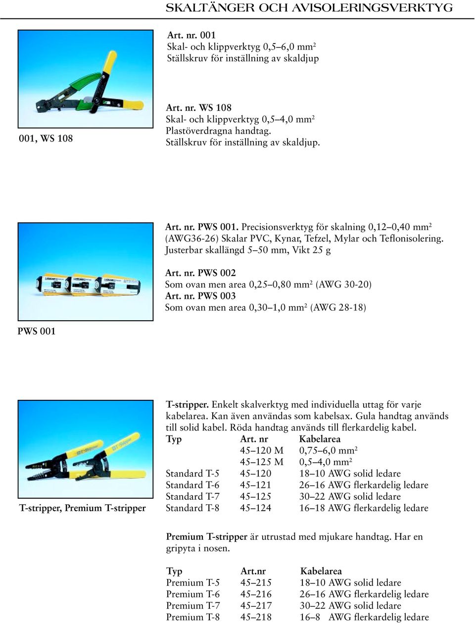 Justerbar skallängd 5 50 mm, Vikt 25 g Art. nr. PWS 002 Som ovan men area 0,25 0,80 mm 2 (AWG 30-20) Art. nr. PWS 003 Som ovan men area 0,30 1,0 mm 2 (AWG 28-18) PWS 001 T-stripper, Premium T-stripper T-stripper.