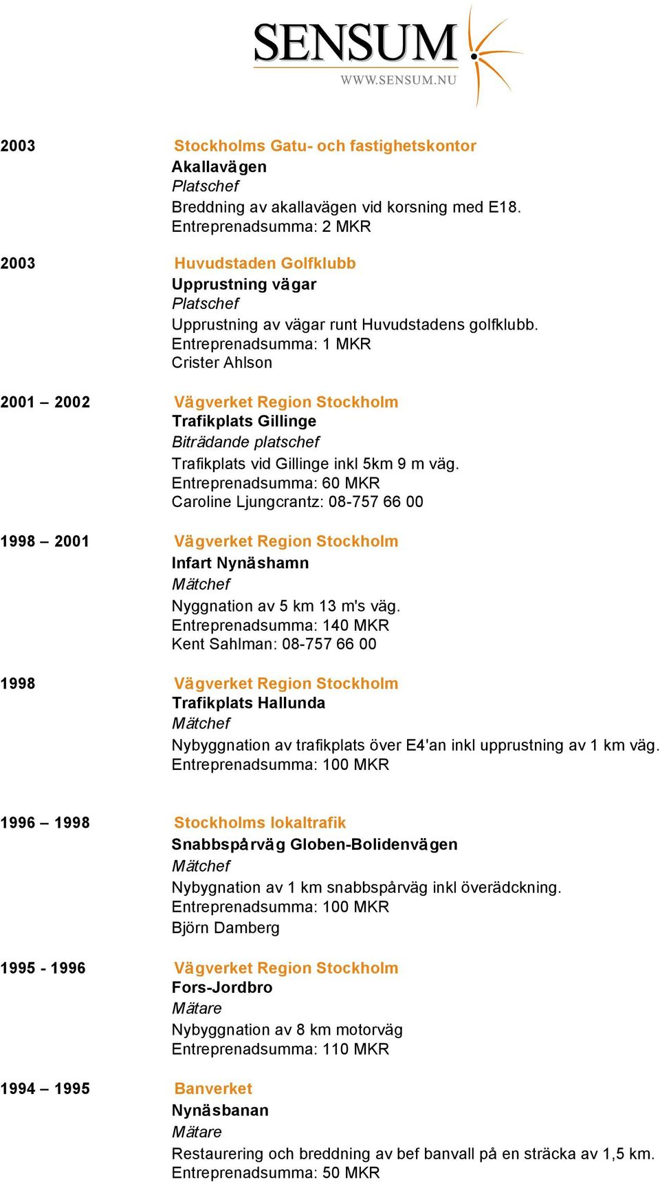 Entreprenadsumma: 1 MKR Crister Ahlson 2001 2002 Vägverket Region Stockholm Trafikplats Gillinge Biträdande platschef Trafikplats vid Gillinge inkl 5km 9 m väg.