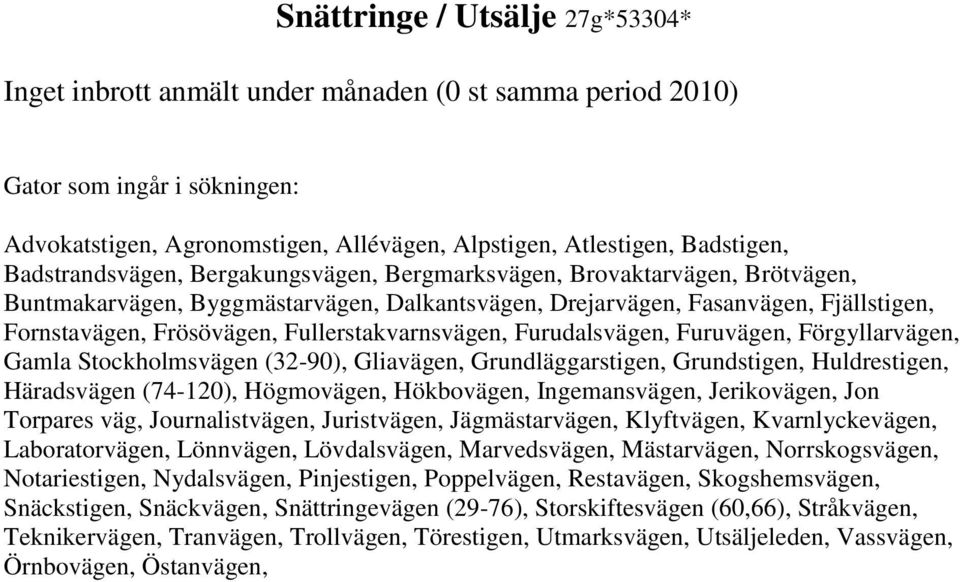 Fullerstakvarnsvägen, Furudalsvägen, Furuvägen, Förgyllarvägen, Gamla Stockholmsvägen (32-90), Gliavägen, Grundläggarstigen, Grundstigen, Huldrestigen, Häradsvägen (74-120), Högmovägen, Hökbovägen,