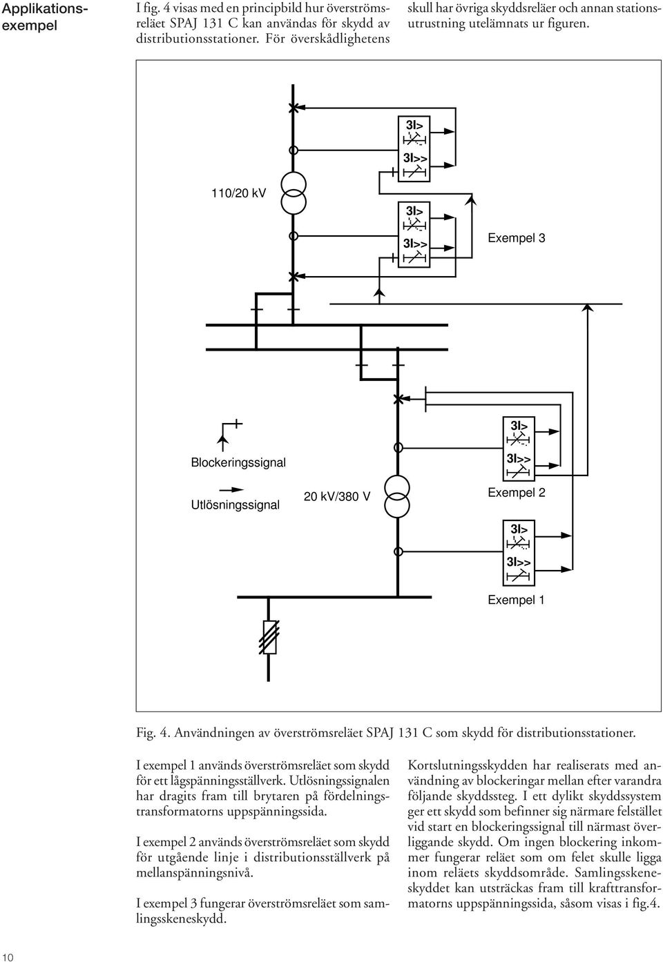 3I> 3I>> 110/20 kv 3I> 3I>> Exempel 3 3I> Blockeringssignal Utlösningssignal 20 kv/380 V 3I>> Exempel 2 3I> 3I>> Exempel 1 Fig. 4.