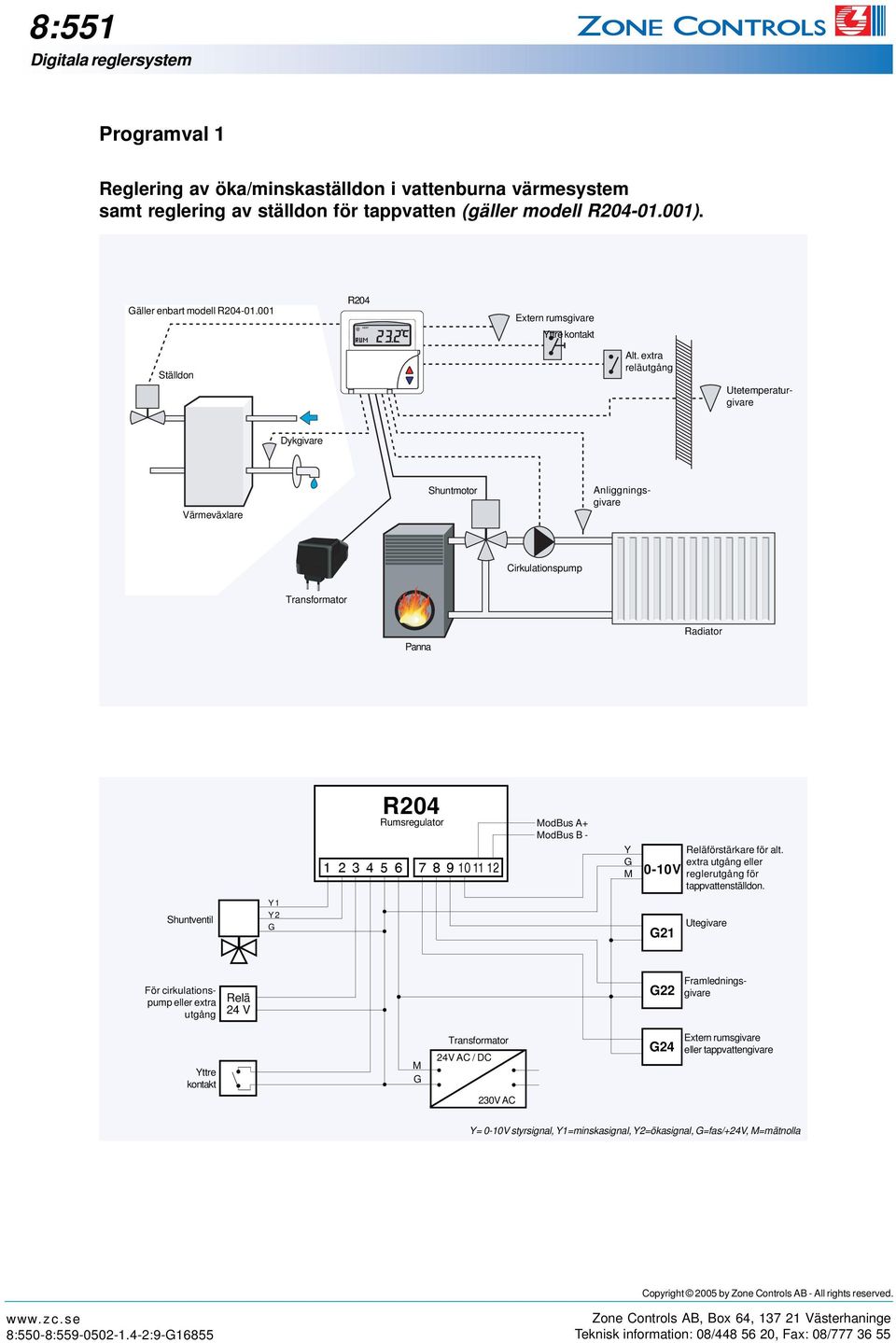 001 Anliggningsgivare Dykgivare Värmeväxlare Shuntmotor Panna odbus A+ odbus B - Y förstärkare för alt.