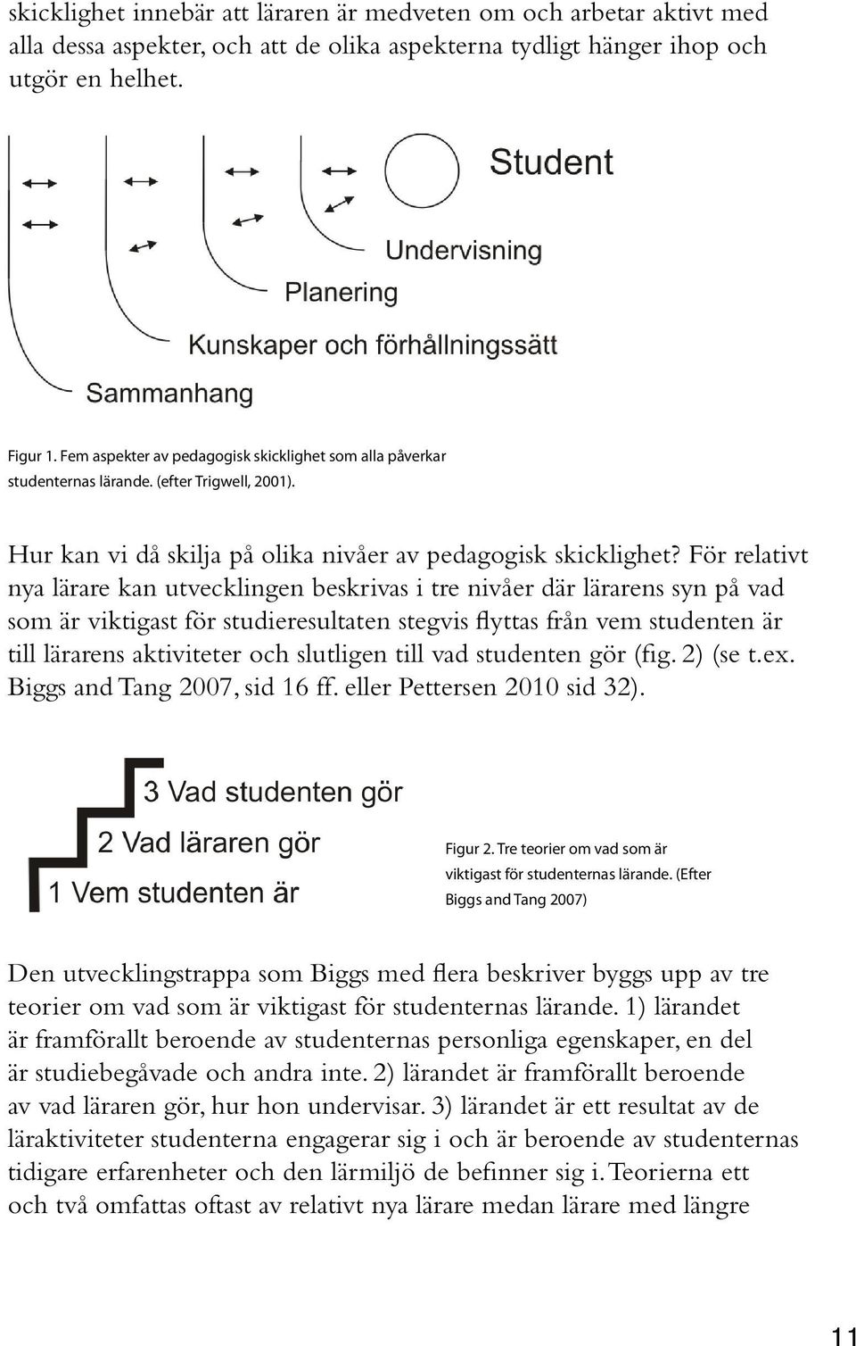 För relativt nya lärare kan utvecklingen beskrivas i tre nivåer där lärarens syn på vad som är viktigast för studieresultaten stegvis flyttas från vem studenten är till lärarens aktiviteter och