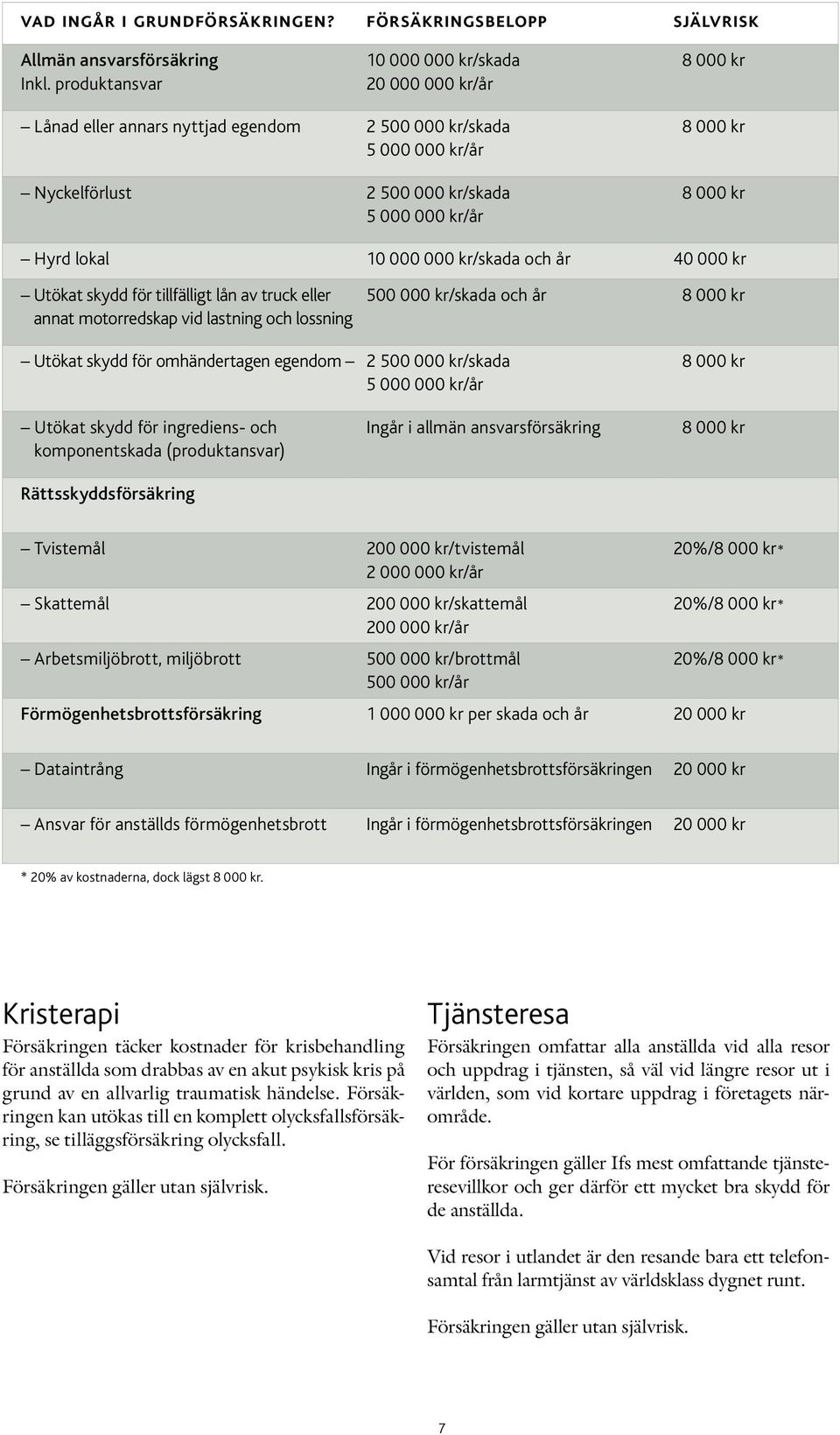 Hyrd lokal 10 000 000 kr/skada och år 40 000 kr Utökat skydd för tillfälligt lån av truck eller annat motorredskap vid lastning och lossning 500 000 kr/skada och år 8 000 kr Utökat skydd för