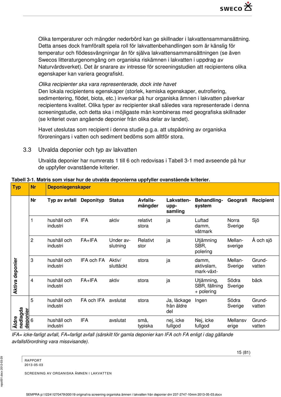 organiska riskämnen i lakvatten i uppdrag av Naturvårdsverket). Det är snarare av intresse för screeningstudien att recipientens olika egenskaper kan variera geografiskt.