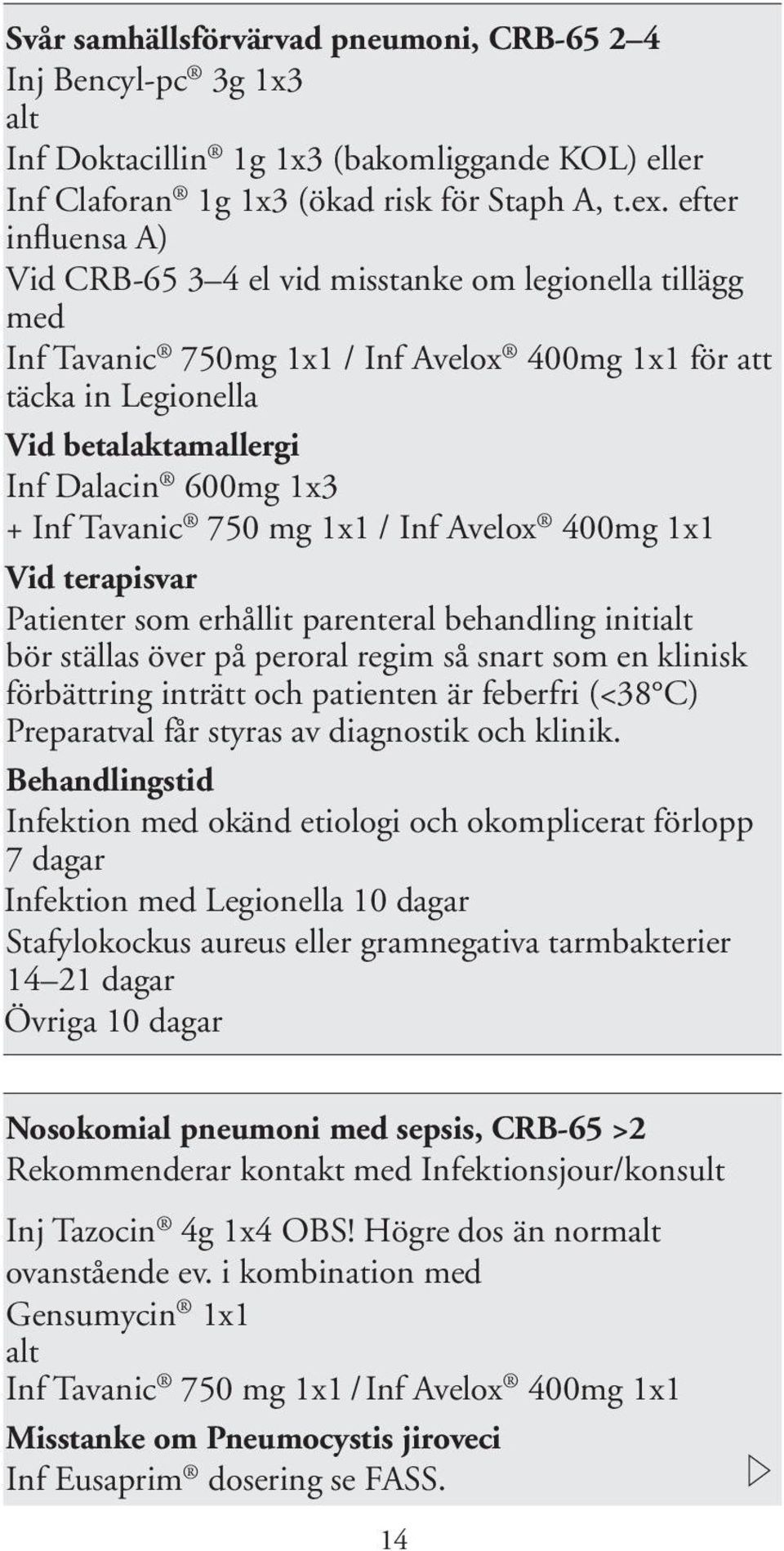 Tavanic 750 mg 1x1 / Inf Avelox 400mg 1x1 Vid terapisvar Patienter som erhållit parenteral behandling initi bör ställas över på peroral regim så snart som en klinisk förbättring inträtt och patienten