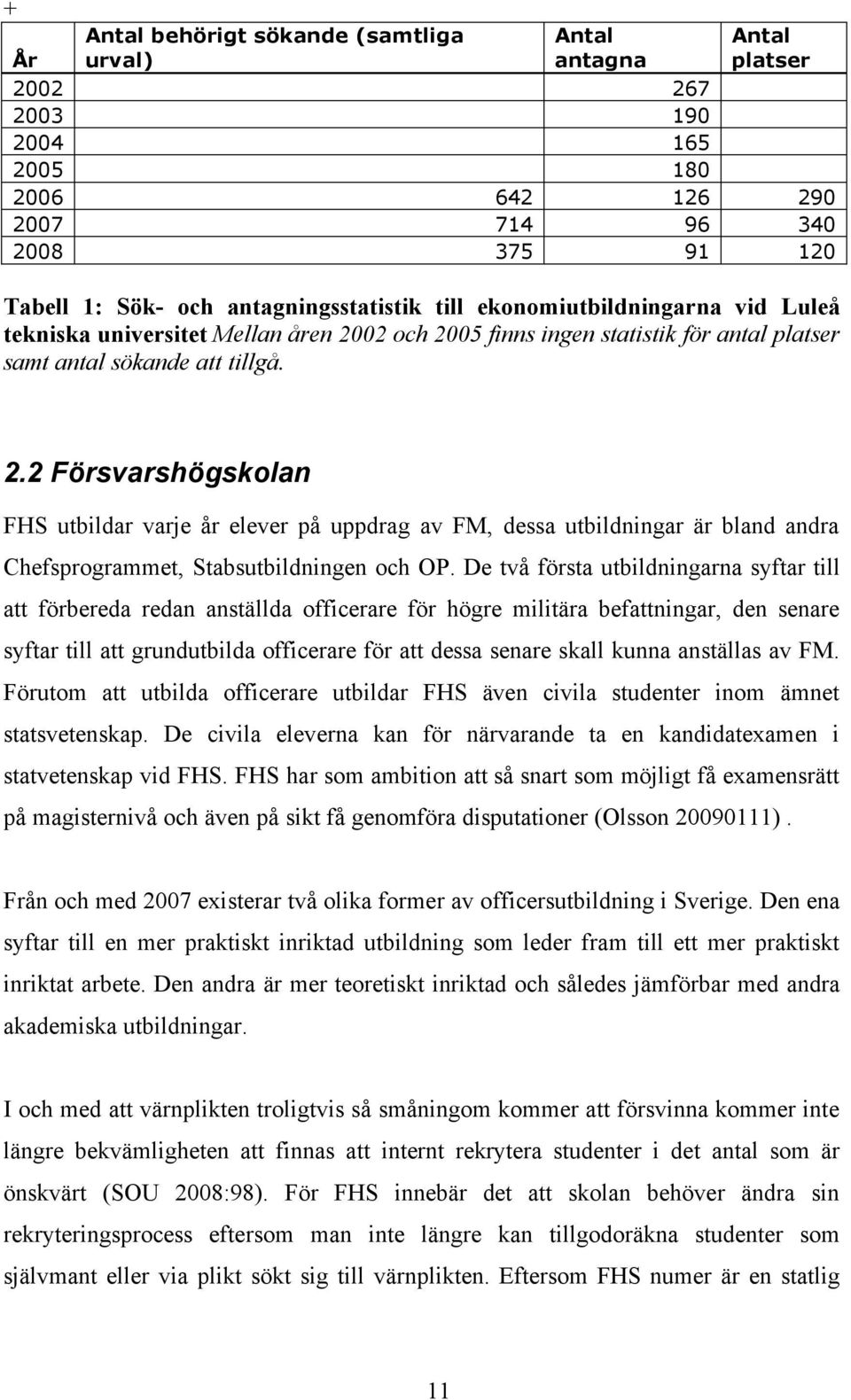 02 och 2005 finns ingen statistik för antal platser samt antal sökande att tillgå. 2.2 Försvarshögskolan FHS utbildar varje år elever på uppdrag av FM, dessa utbildningar är bland andra Chefsprogrammet, Stabsutbildningen och OP.