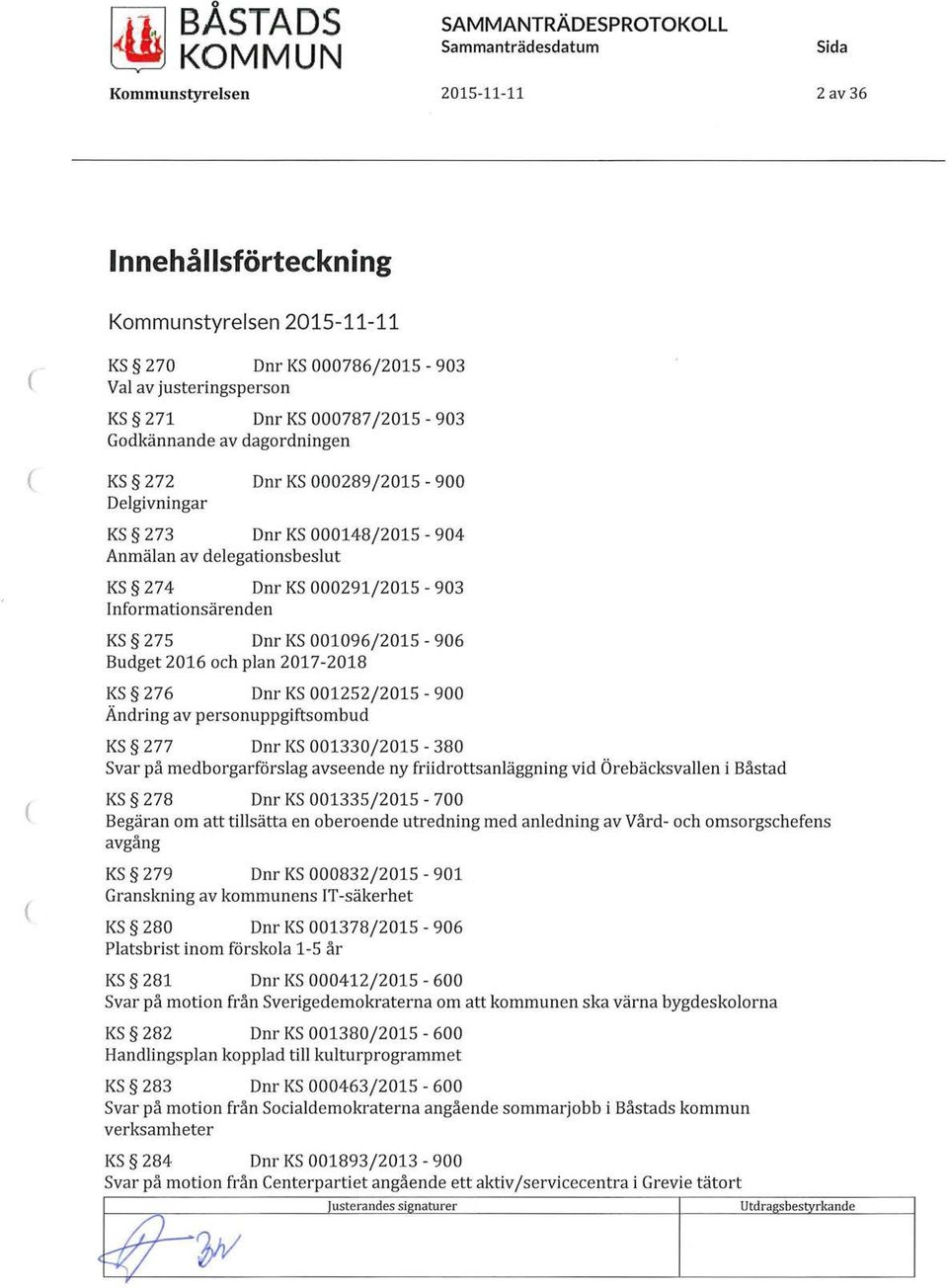 KS 275 Dnr KS 001096/2015-906 Budget 2016 och plan 2017-2018 KS 276 Dnr KS 001252/2015-900 Ändring av personuppgiftsombud KS 277 Dnr KS 001330/2015-380 Svar på medborgarförslag avseende ny