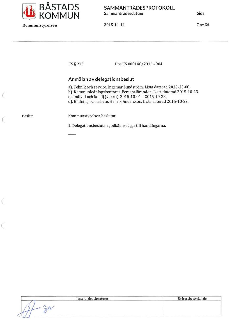 Lista daterad 2015-10-23. c). Individ och familj vuxna). 2015-10-01-2015-10-28. d). Bildning och arbete. Henrik Andersson.