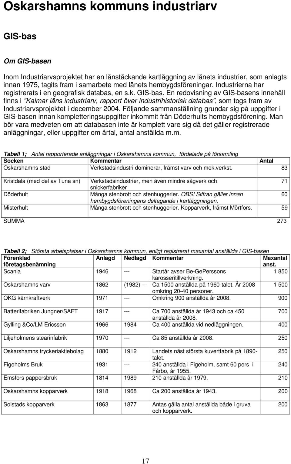 En redovisning av GIS-basens innehåll finns i Kalmar läns industriarv, rapport över industrihistorisk databas, som togs fram av Industriarvsprojektet i december 2004.