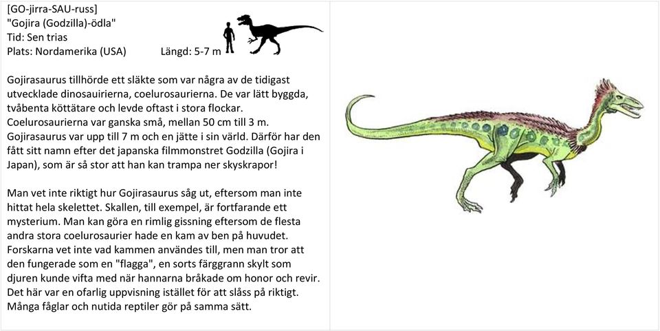 Gojirasaurus var upp till 7 m och en jätte i sin värld. Därför har den fått sitt namn efter det japanska filmmonstret Godzilla (Gojira i Japan), som är så stor att han kan trampa ner skyskrapor!