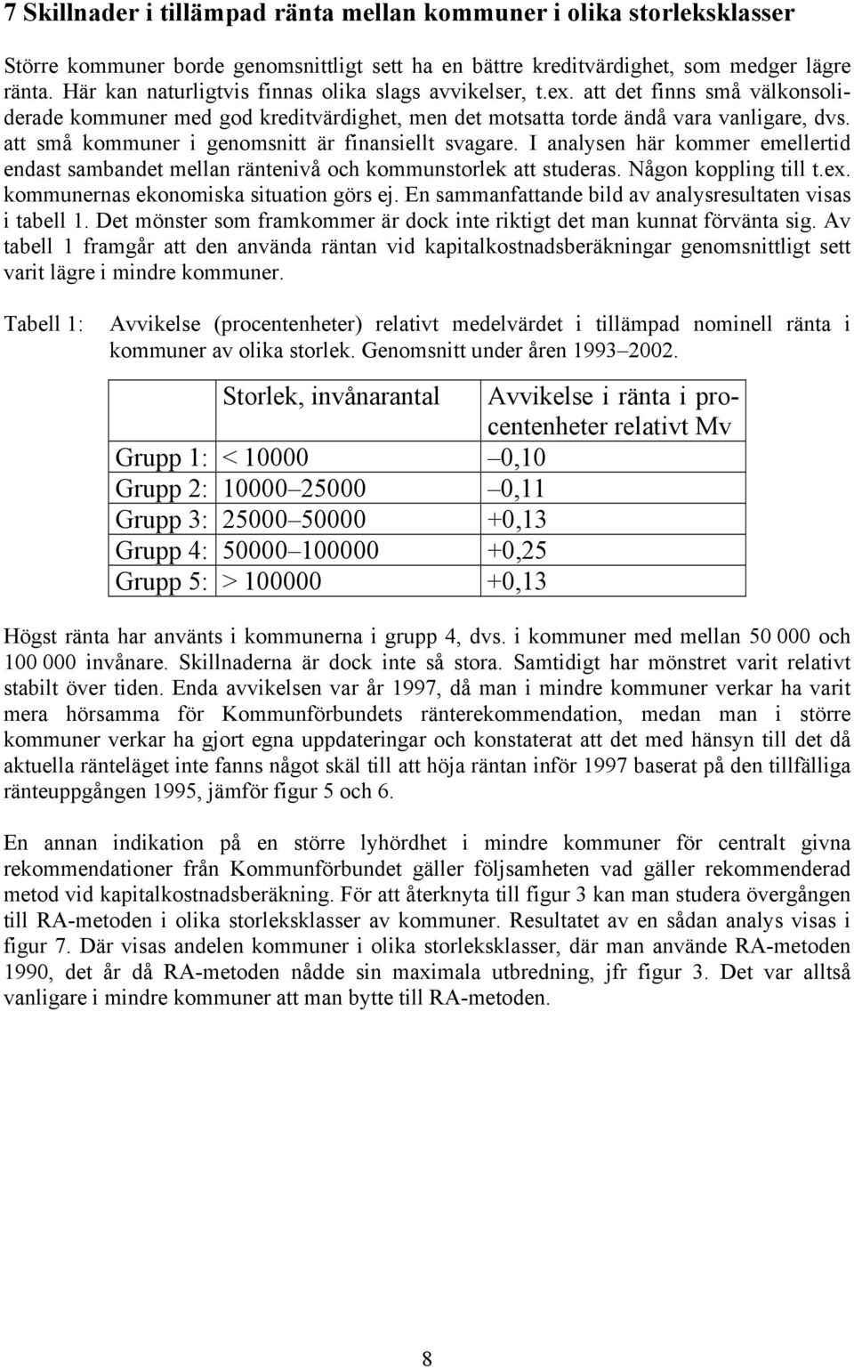 att små kommuner i genomsnitt är finansiellt svagare. I analysen här kommer emellertid endast sambandet mellan räntenivå och kommunstorlek att studeras. Någon koppling till t.ex.