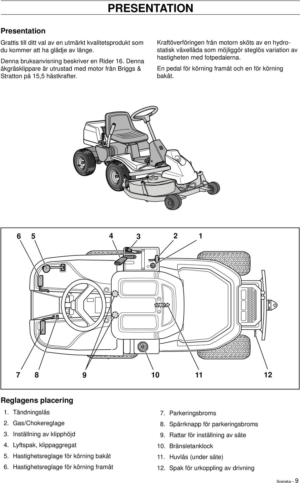 Kraftöverföringen från motorn sköts av en hydrostatisk växellåda som möjliggör steglös variation av hastigheten med fotpedalerna. En pedal för körning framåt och en för körning bakåt.