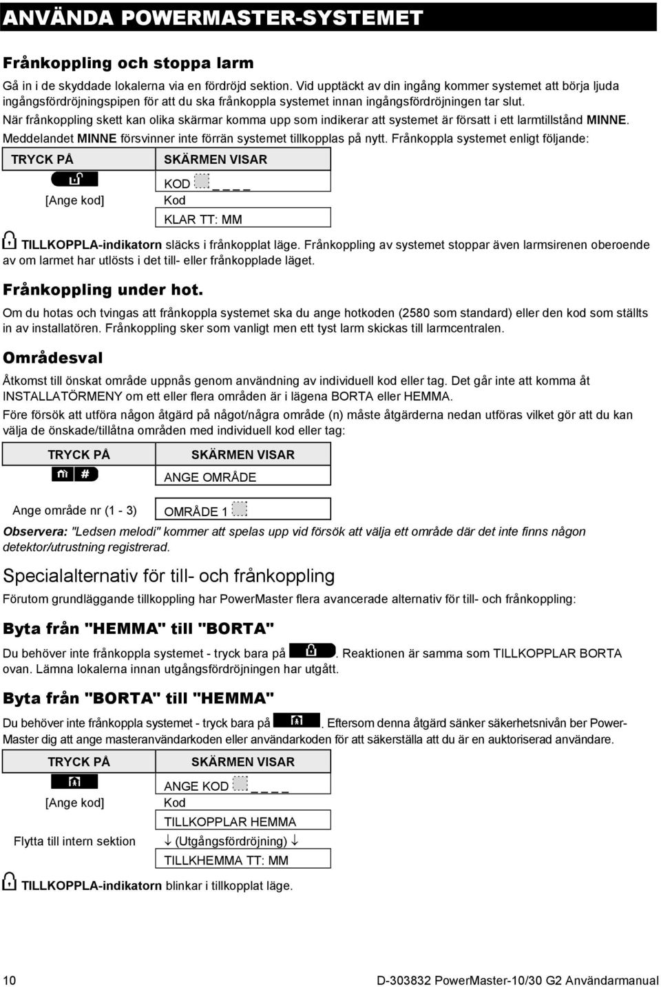 När frånkoppling skett kan olika skärmar komma upp som indikerar att systemet är försatt i ett larmtillstånd MINNE. Meddelandet MINNE försvinner inte förrän systemet tillkopplas på nytt.