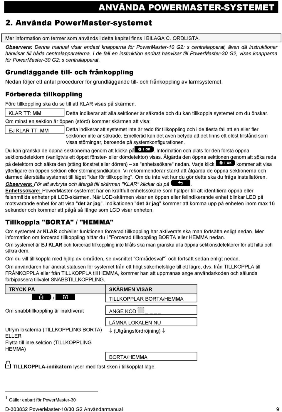 I de fall en instruktion endast hänvisar till PowerMaster-30 G2, visas knapparna för PowerMaster-30 G2: s centralapparat.