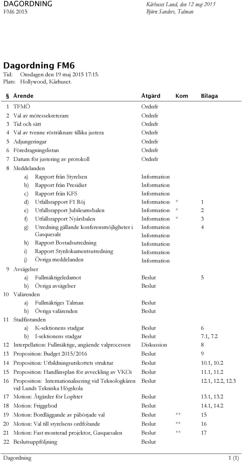 Datum för justering av protokoll Ordnfr 8 Meddelanden a) Rapport från Styrelsen b) Rapport från Presidiet c) Rapport från KFS d) Utfallsrapport F1 Röj e) Utfallsrapport Jubileumsbalen f)