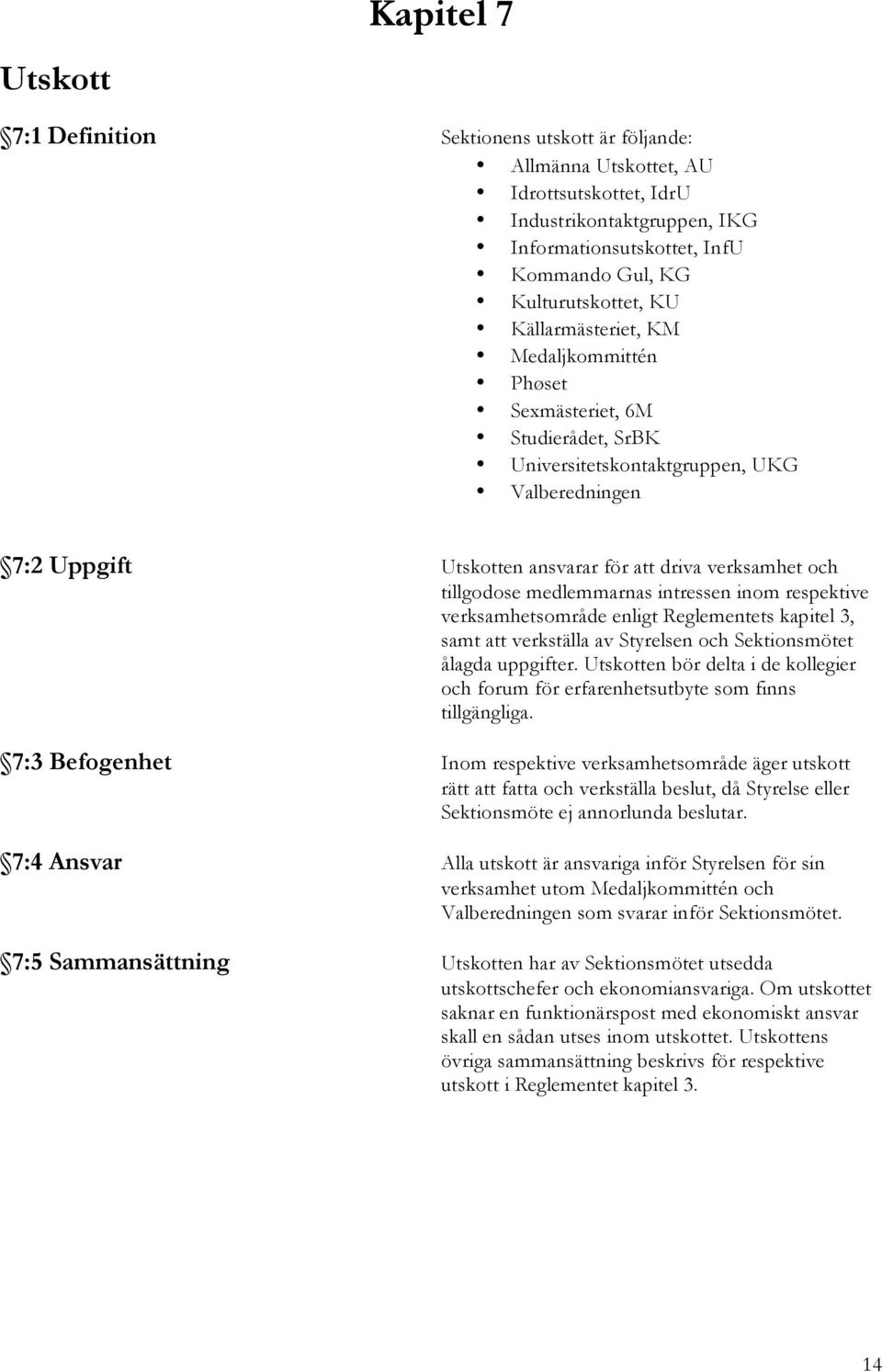 verksamhet och tillgodose medlemmarnas intressen inom respektive verksamhetsområde enligt Reglementets kapitel 3, samt att verkställa av Styrelsen och Sektionsmötet ålagda uppgifter.