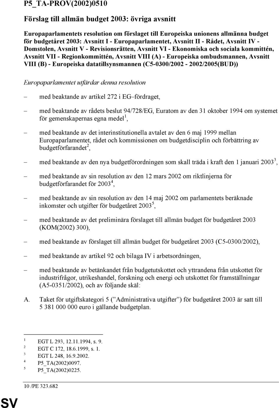 ombudsmannen, Avsnitt VIII (B) - Europeiska datatillsynsmannen (C5-0300/2002-2002/2005(BUD)) Europaparlamentet utfärdar denna resolution med beaktande av artikel 272 i EG fördraget, med beaktande av