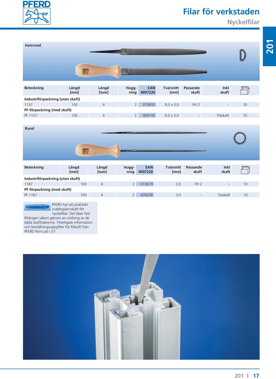 PF-förpackning (med ) PF 1167 100 4 2 009208 3,0 - Trä 10 PFERD har ett praktiskt snabbspänn för nyckelfilar.