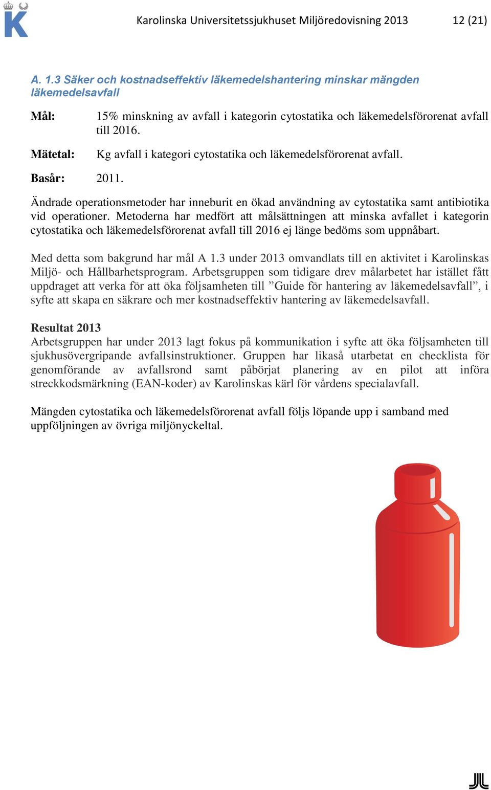 Kg avfall i kategori cytostatika och läkemedelsförorenat avfall. Basår: 2011. Ändrade operationsmetoder har inneburit en ökad användning av cytostatika samt antibiotika vid operationer.