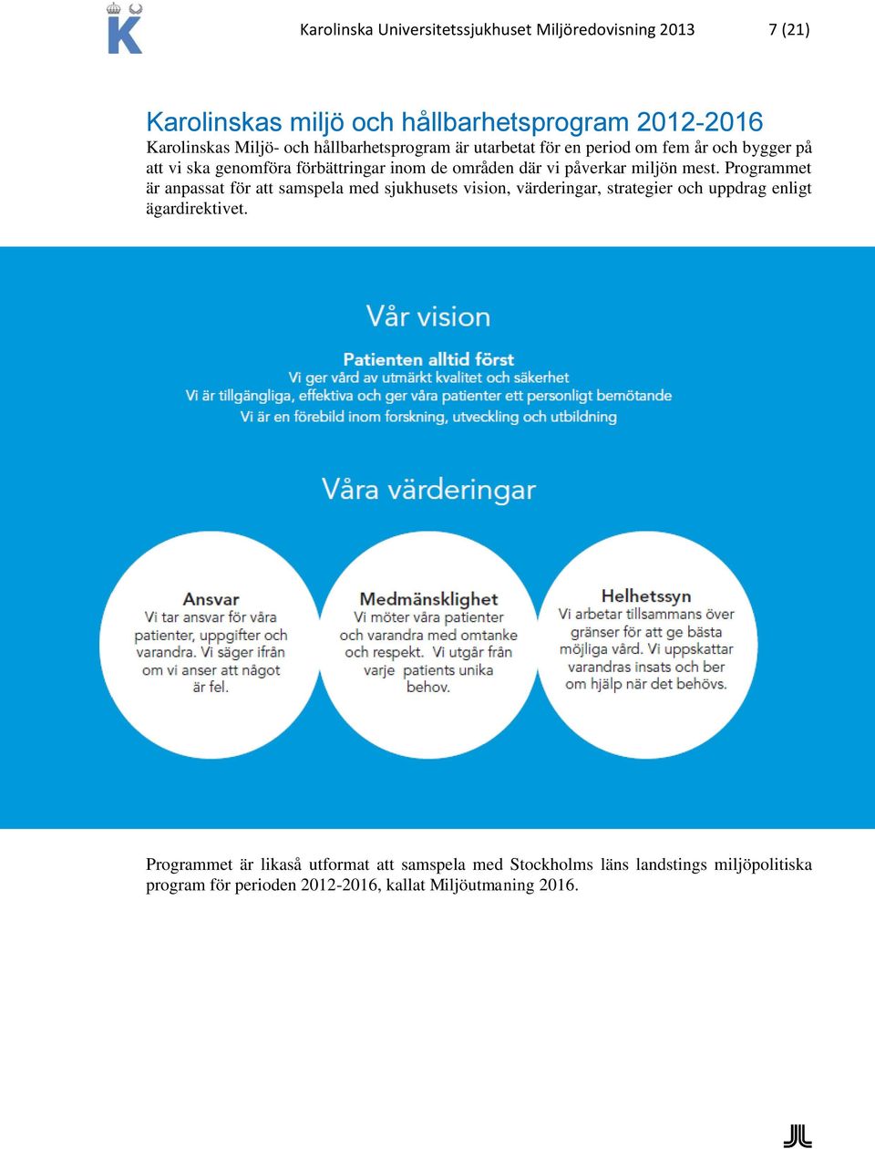 miljön mest. Programmet är anpassat för att samspela med sjukhusets vision, värderingar, strategier och uppdrag enligt ägardirektivet.