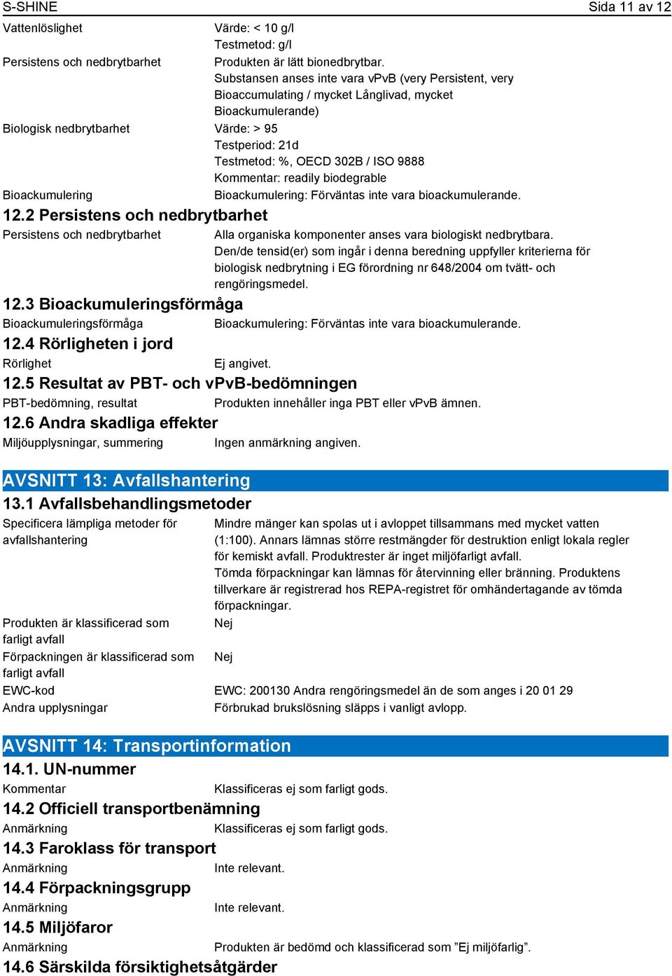 9888 Kommentar: readily biodegrable 12.2 Persistens och nedbrytbarhet Persistens och nedbrytbarhet Alla organiska komponenter anses vara biologiskt nedbrytbara.