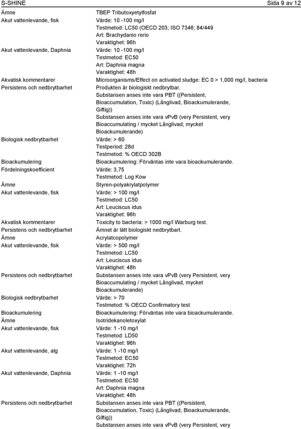 Substansen anses inte vara PBT ((Persistent, Bioaccumulation, Toxic) (Långlivad, Bioackumulerande, Giftig)) Substansen anses inte vara vpvb (very Persistent, very Bioaccumulating / mycket Långlivad,