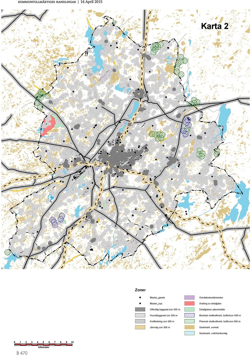 Detaljplaner planområde Beslutat vindkraftverk, buffertzon 500 m Planerat vindkraftverk,